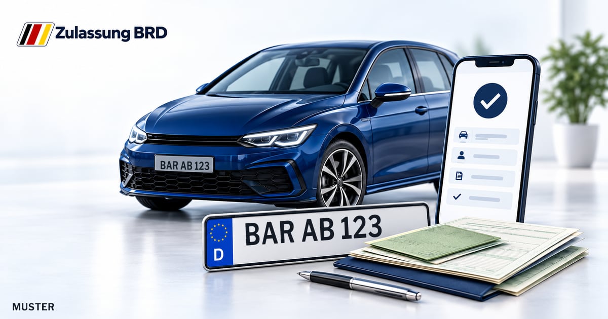 Online Fahrzeugzulassung in Landkreis Barnim: Musterkennzeichen BAR AB 123, Auto und Fahrzeugpapiere und Smartphone. Illustration mit Logo von Zulassung BRD.